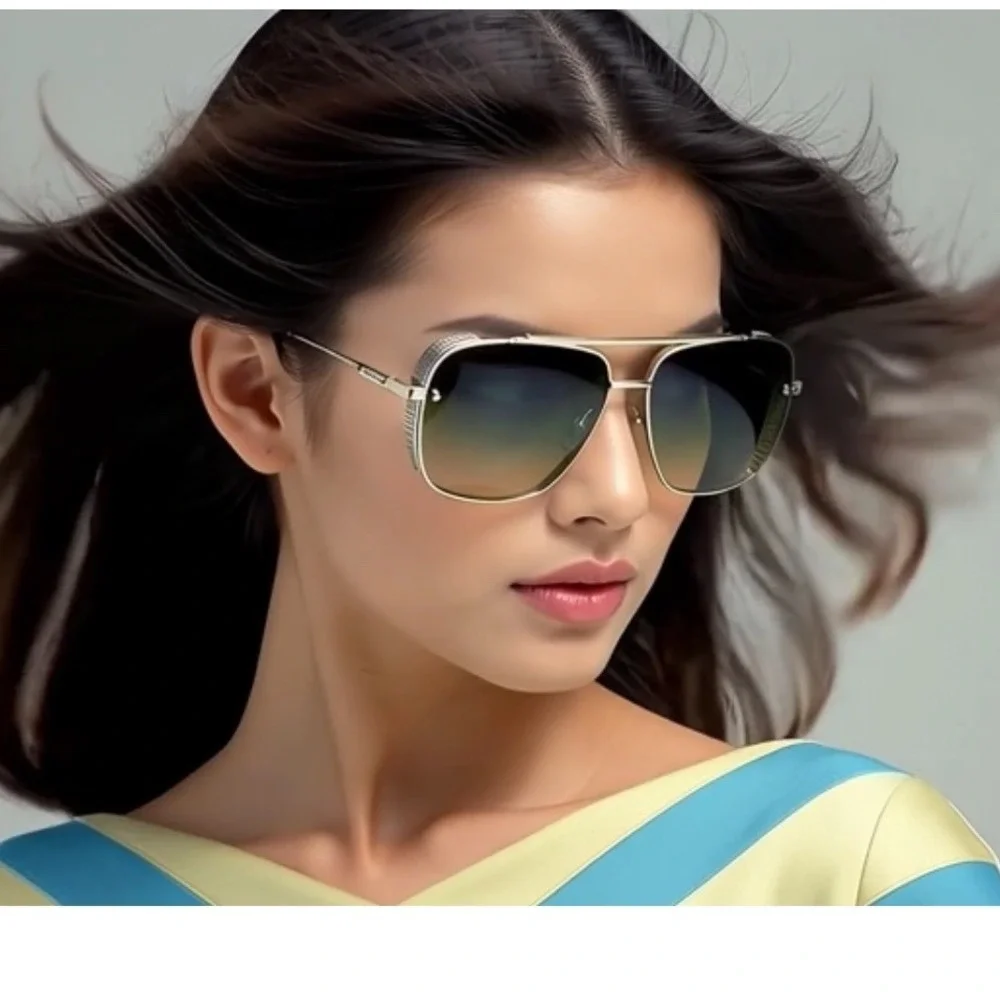 Women Sunglasses Silver Frame Gradient Green Lens Metal Unique Outdoor Outfits - Picture 1 of 7